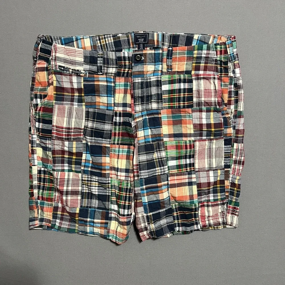 Gap Chino Shorts Mens 34 Multicolor Plaid Patchwork Madras Preppy Summer Casual